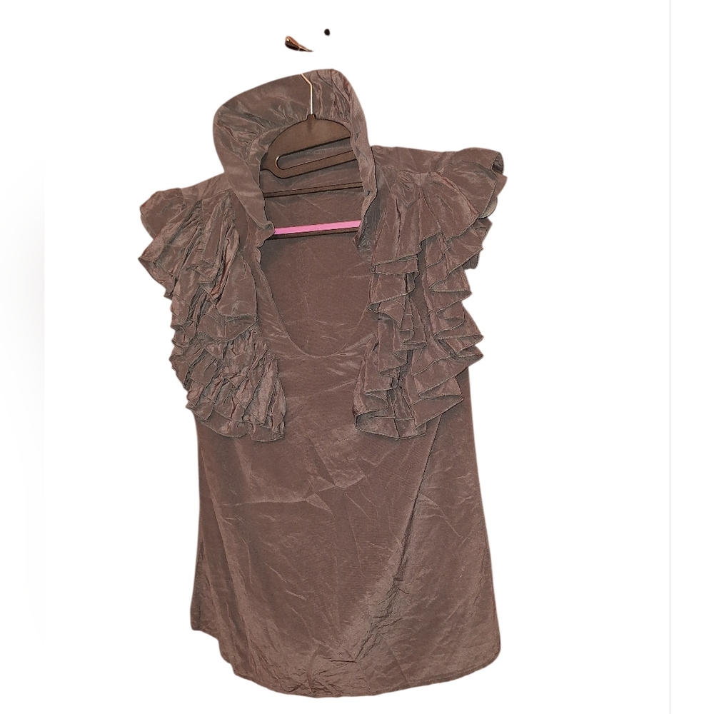 Geren Ford 100% Silk Ruffled Sleeveless Blouse Ladies XS Gray Edgy Victorian